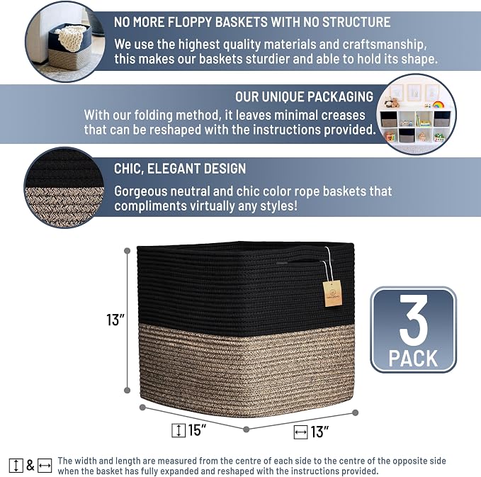 NaturalCozy 13x15x13 Kallax Storage Cubes Bins, 3 Pack | Cotton Rope Cube Storage Bin Woven Baskets for Organizing | Kallax Insert Storage Baskets for Shelves Organizer, Kids Toy, Closet Baby Nursery - Image 2