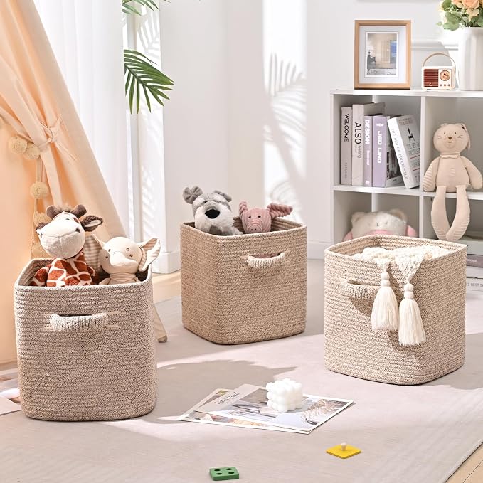 12 Inch Storage Cubes, 3 Pack Cube Storage Bins for Organizing, Cotton Rope Woven Baskets for Shelves, Bathroom, Kids Room, Closets, Baby Nursery - Image 3