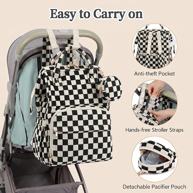 Baby Diaper Bag Backpacks for Mom Dad, Corduroy Large Capacity Multifunction Nappy Bag with Pacifier Case, Baby Travel Essentials Diaper Backpack for Boys Girls - Checkered Black - Image 7