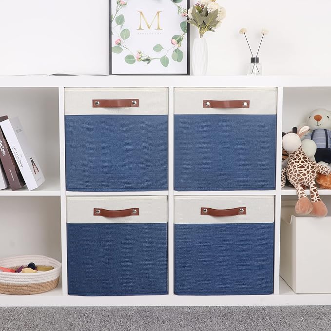 Temary Fabric Storage Bins for Cube Organizer 4 Pack Cube Storage Bins 13 Storage Cubes for Shelves Storage Baskets for Organizing Books, Clothes, Towels (White & Blue, 13x13x13 Inch) - Image 5