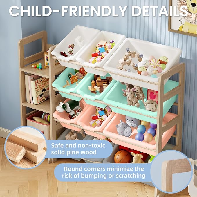 Toy Storage Organizer - Toy Organizers and Storage with Bookshelf, Toy Storage Shelf with 3 Shelves and 12 Storage Bins, Kids Bookshelf and Toy Storage for Kids Room, Playroom, Nursery, Multi color - Image 5