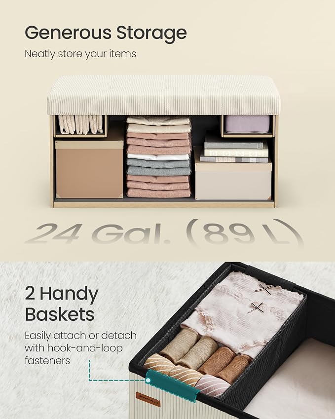 SONGMICS Mazie Collection - Storage Ottoman Bench, Foldable Foot Rest, 15 x 30 x 15 Inches, End of Bed Bench, Storage Chest, Load 660 lb, Living Room, Bedroom, Entryway, Cream White ULSF603W01 - Image 6