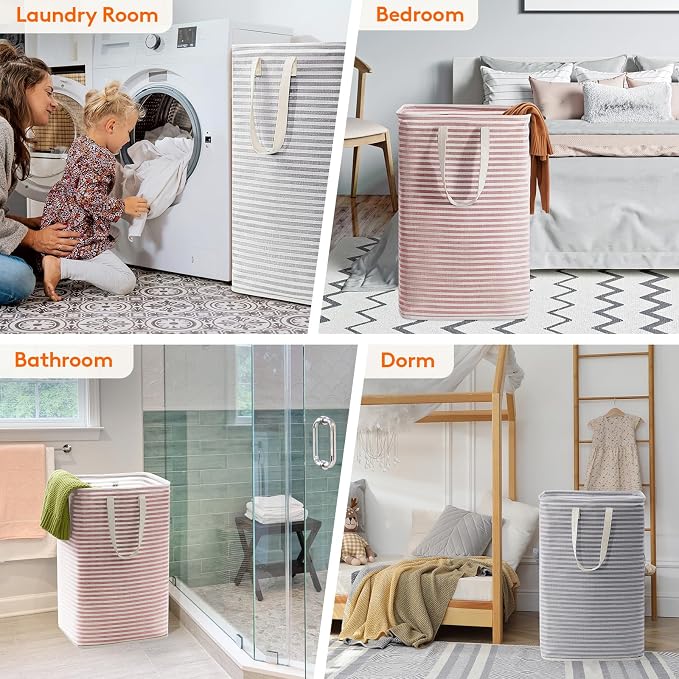 Lifewit 2 Pack Laundry Basket 80L Each, Collapsible Clothes Hamper with Reinforced Handles, Freestanding Waterproof Design for Bedroom and Laundry Room, Grey&Pink 160L Total - Image 7