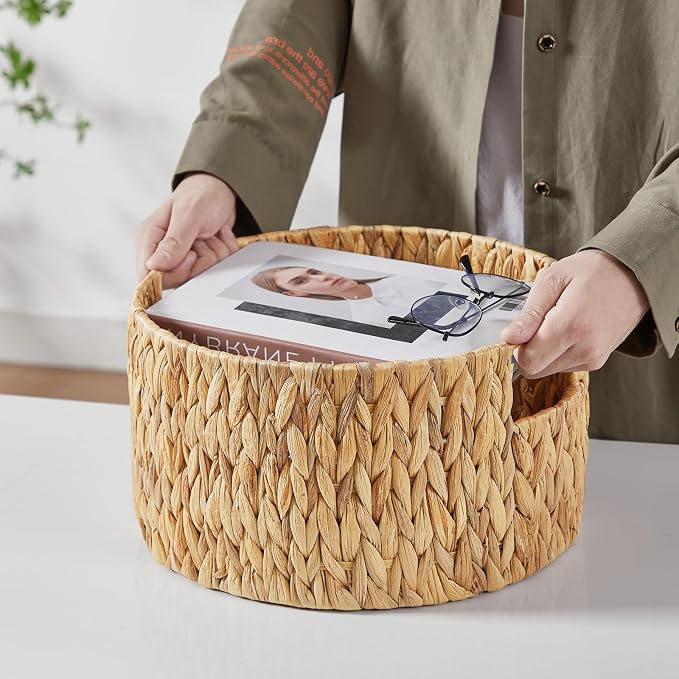 Wicker Storage Basket, Hand-Woven Water Hyacinth Large Round Woven Basket With Handles, Wicker Baskets for Organizing/Storage, 3-Pack - Image 3