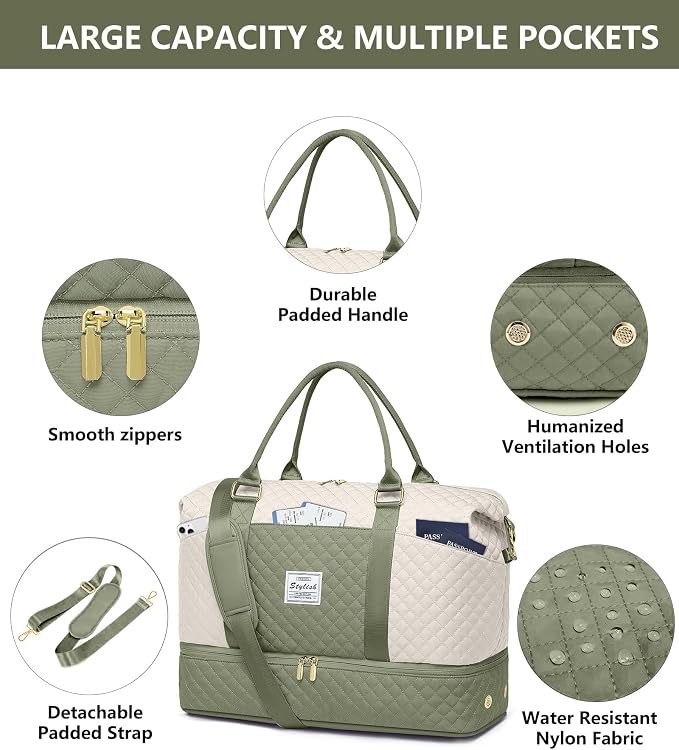 Weekender Bags for Women Duffle Bag - Travel Duffel Bag with Shoe Compartmen Carry on Overnight Bag with Toiletry Bag Gym Tote Bag with Wet Pocket Hospital Bags for Labor and Delivery Beige Green - Image 4