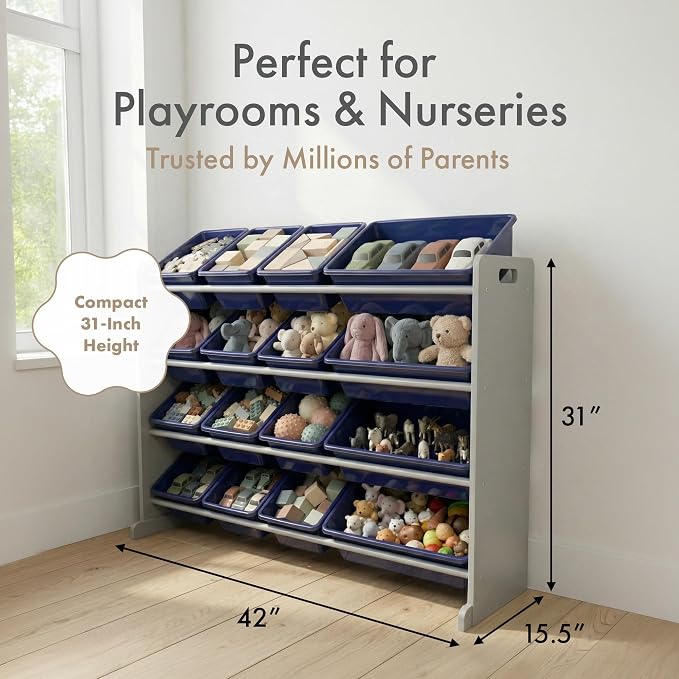 Humble Crew Kids Toy Organizer with 16 Bins, 4 Tier Storage for Playroom | Sturdy wood and steel toddler shelf, removable BPA-free containers, wall anchor anti-tip safety kit for bedroom or classroom - Image 6