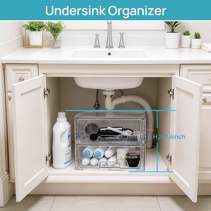 Vtopmart 6 Pack Large Clear Stackable Storage Drawers for Closet, Pantry | Easily Assemble Bathroom Closet Undersink Organizers,Plastic Bins for Cabinet,Kitchen Pantry,Medicine Organization - Image 7