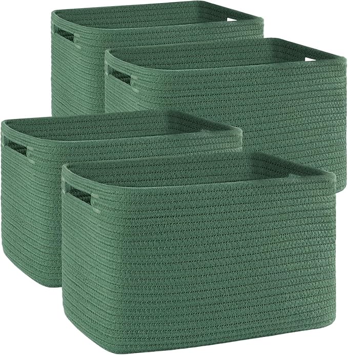 OIAHOMY 4 Pack Storage Baskets for Organizing 15L Cube Storage Bins Green | Woven Baskets for Storage Rectangle Small Baskets With Handles Baskets for Shelves Wicker Baskets for Shelves 12.7x9x7.8inch by MasterofSpaceOptimization