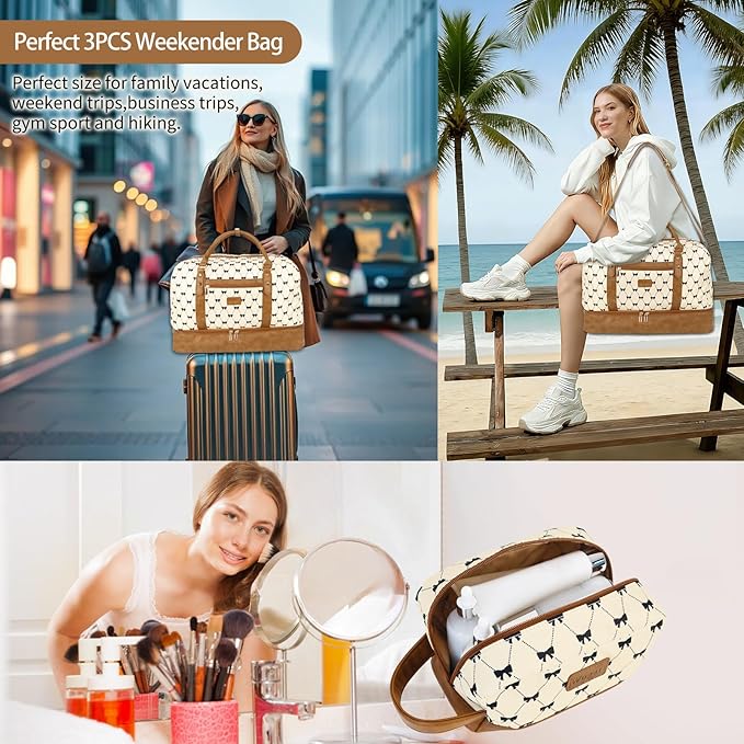 3PCS Weekender Bags for Women Large Overnight Bag, Cream Bow | Weekender Travel Duffel Bags Carry on Shoulder with Shoe Compartment Toiletry Bag Satchel Bag for Travelling Business Gym - Image 5