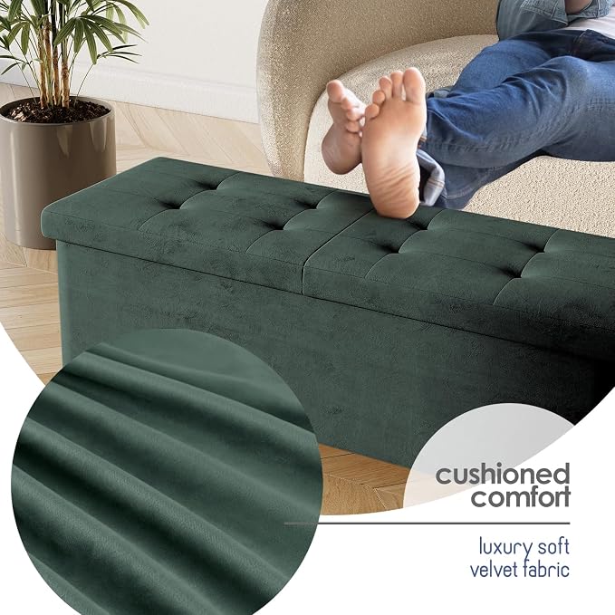 Storage Ottoman Bench with Bins, 43-in Storage Bench for Bedroom End of Bed, Folding Foot Rest Ottoman for Living Room Max 660lbs, Velvet Ottomans, Green - Image 8