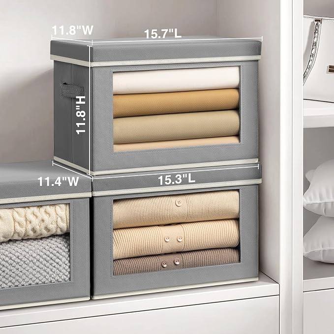 Storage Bins with Lids, 4 Pack Large Storage Cubes with Window, Closet Bins with Lids & Handles, Fabric Box for Organizing Clothes, Towels, Books, Grey - Image 2