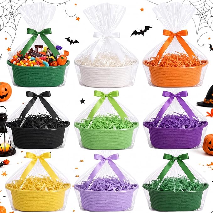 Hoolerry 8 Set Halloween Basket with Handles Cotton Rope Woven 12"x 8" x 5" | Trick or Treat Gift Baskets Empty with Bags Ribbon Bows Raffia, Candy Storage Bucket, for Halloween Home Decor Party Favors - Image 6