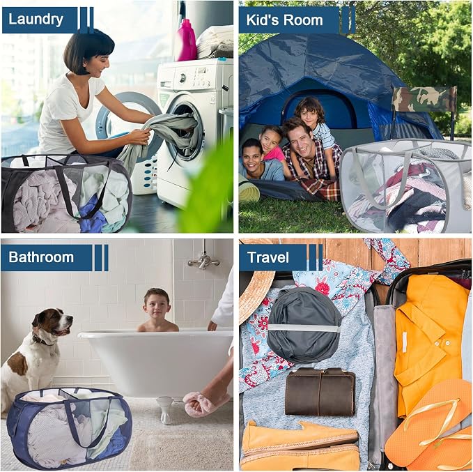 6 Pack Collapsible Laundry Baskets, 2 Compartment Pop Up Hamper, 6 Colors | Easy carry handles and foldable mesh design make these hampers suitable for dorms, laundry rooms, travel, and toy storage. - Image 5