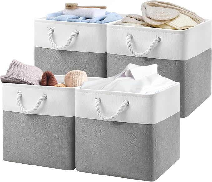 Patvingot 13-Inch Fabric Cube Storage Bins with Handles,4 Pack,Foldable | For cube shelves and closets,keeps grouped for everyday access,reinforced opening and fold-flat storage,white and gray by Patvingot