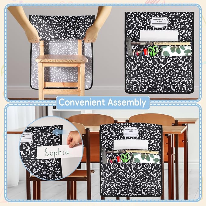 24Pcs Composition Chair Pockets for Classroom Composition Chair Back Buddy Pocket with Name Tags 17x20In Chairs Organizer 3 Pockets Seat Storage Pocket for School Classroom Daycare Home Supplies - Image 5