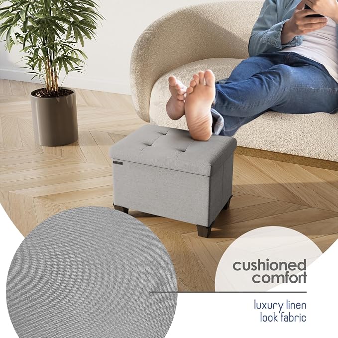 Storage Ottoman Cube with Small Bin, 16-in Square Ottoman with Storage for Living Room and Bedroom, Small Ottomans Foot Rest, Fabric Foot Stools Ottomans Max 330lbs, Light Grey - Image 7