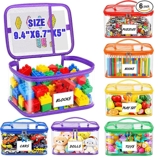 6-Pack Large Clear Toy Storage Bags Transparent Waterproof With Zippers & Labels Durable Reusable Organizer for Blocks,Puzzles & Games by Elover