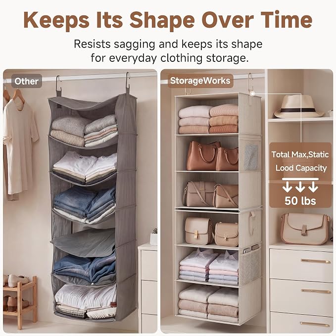 StorageWorks 6-Shelf Jumbo Closet Organizers, Two 3-Shelf Separable Hanging Shelves for Closet, 13 "D x 15" W x 47 ¼" H,Mixing of Beige, White & Ivory - Image 5