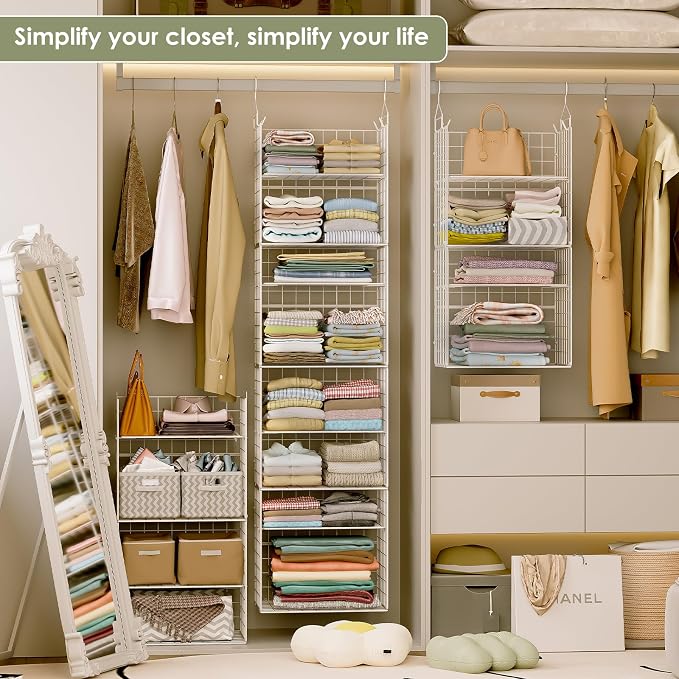 X-cosrack 8-Tier Closet Hanging Organizer Shelf - Hanging Clothes Organizer Shelves, Metal & Foldable Hanging Closet Organizer Baskets with Adjustable Dividers for Clothing Sweaters Shoes Handbags - Image 4