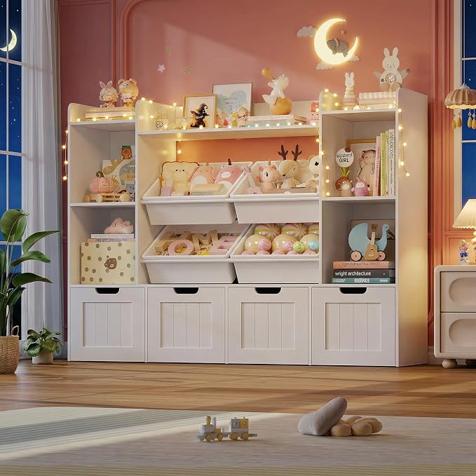 Toy Storage Organizer, Toy Organizer with 4 Movable Drawers and 4 Box Bins, Kids Playroom Storage Organization with Hidden Wheels for Living Room, Kids Room - Image 7