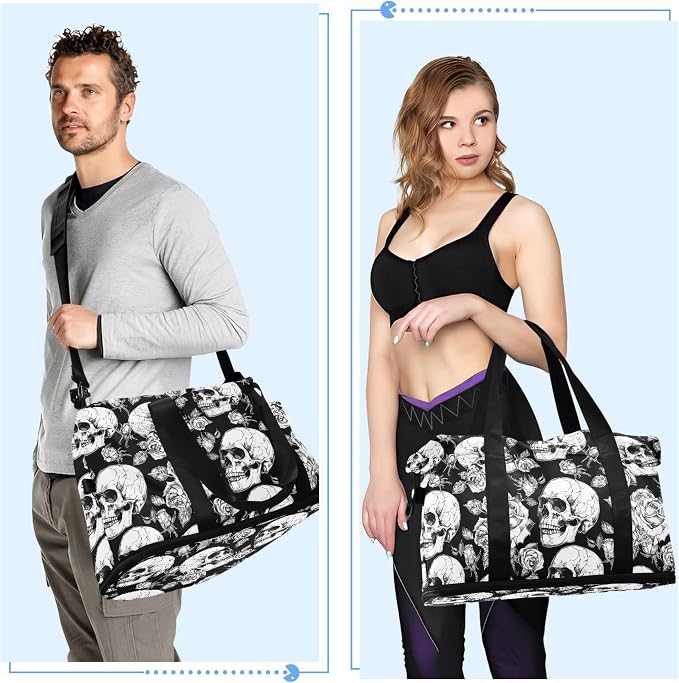 MNSRUU Gothic Skulls and Flowers Sports Duffel Bag with Wet Pocket, Weekender Overnight Bag for Women Men, Gym Bag, Carry On Bag, Hospital Bag for Labor and Delivery - Image 4