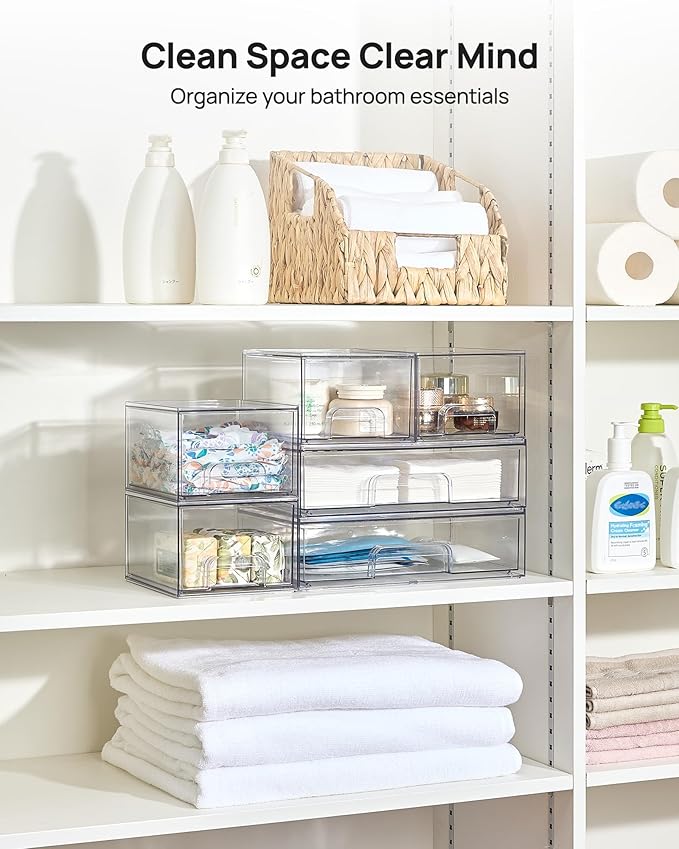 Vtopmart Clear Stackable Storage Drawers Set of 6, Plastic Organizer Bins | Multi-purpose Boxes for Bathroom Accessories Storage, Ideal for Cabinet, Shelf, Pantry, Laundry Room Organization - Image 6