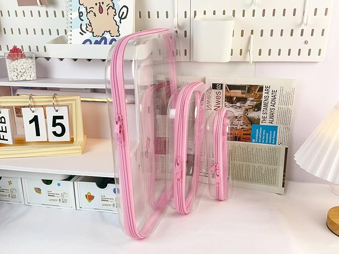 3PCS Clear Hard Shell Zipper Case 13.8 * 11.8 * 2 IN (Pink) | Transparent shell for easy item access. Works as cosmetic bag, toy pouch, diaper organizer and pencil case. - Image 2