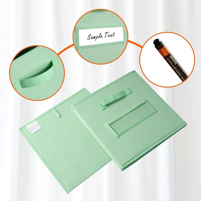 13x13x13 storage cube bins(Set of 8) Fabric storage cubes with 8 Labels Window Cards & a Pen, storage cubes 13x13, Collapsible 13 inch cube storage bins, Cubby Organizer Boxes, Grass Green - Image 2