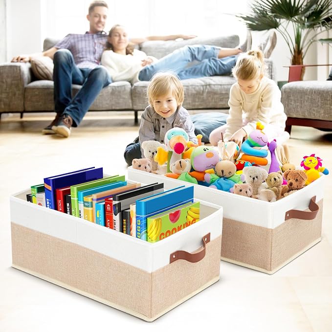Closet Organizer Bins 3 Pack, Large Storage Bins for Shelves | Foldable Closet Storage Boxes Baskets with Leather Handles for Organizing Clothes, Sheets, Jeans, Toys, Books（Begie） - Image 5