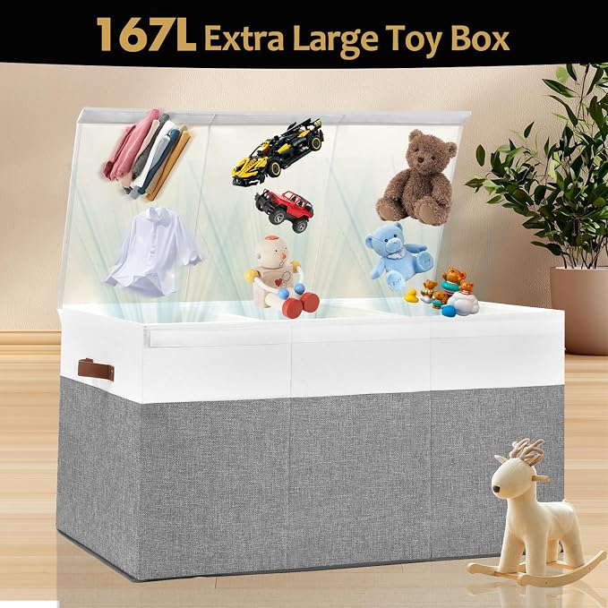 Extra Large Toy Storage Box with Lid,Toy Chest Bin Basket with Dividers | Sturdy Toy Organizer Bin for Kids, Boys, Girls, Nursery, Closet, Bedroom, Playroom 35.5"x17" x17"(Grey and White) - Image 2