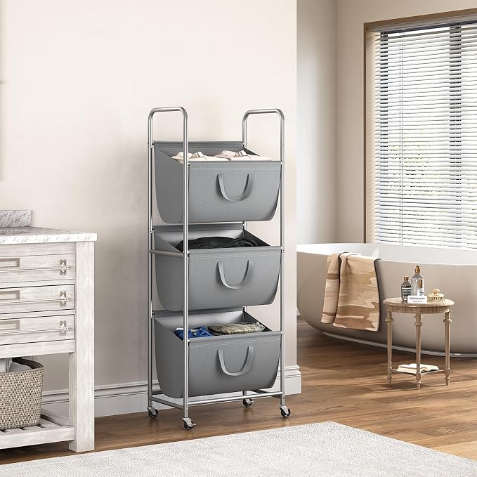 ELYKEN 3-Tier Vertical Rolling Laundry Hamper with Wheels & Removable Bags | 120L Capacity, Space-Saving Design, Locking Casters, 3 Section Laundry Sorter for Apartments, Small Spaces, Closet, Dorm - Image 9