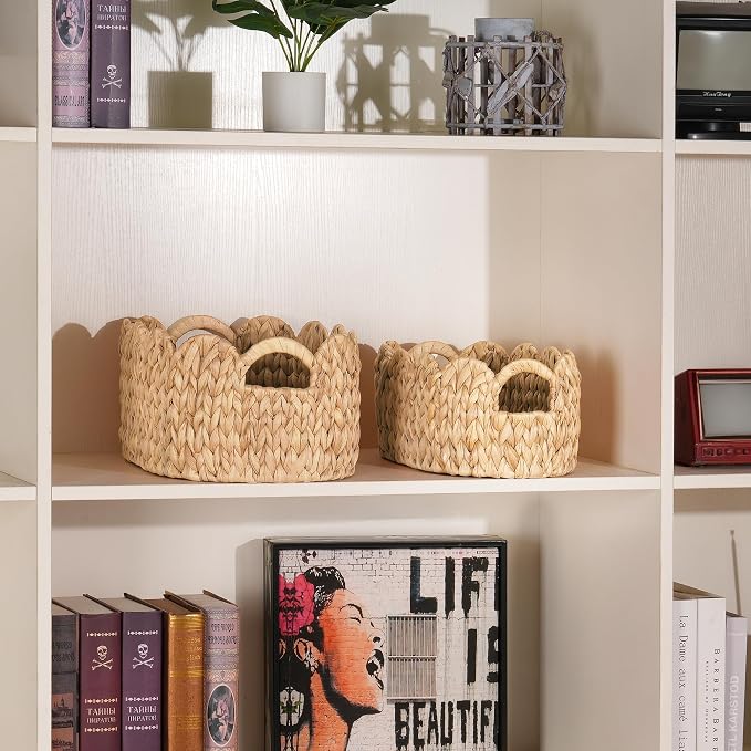 iEGrow Scalloped Wicker Basket, Set of 2 Hand-Woven Natural Rattan Baskets with Built-in Handles, Water Hyacinth Storage Oval Cute Baby Baskets for Nursery, Organizing, Decor and Shelves - Image 6