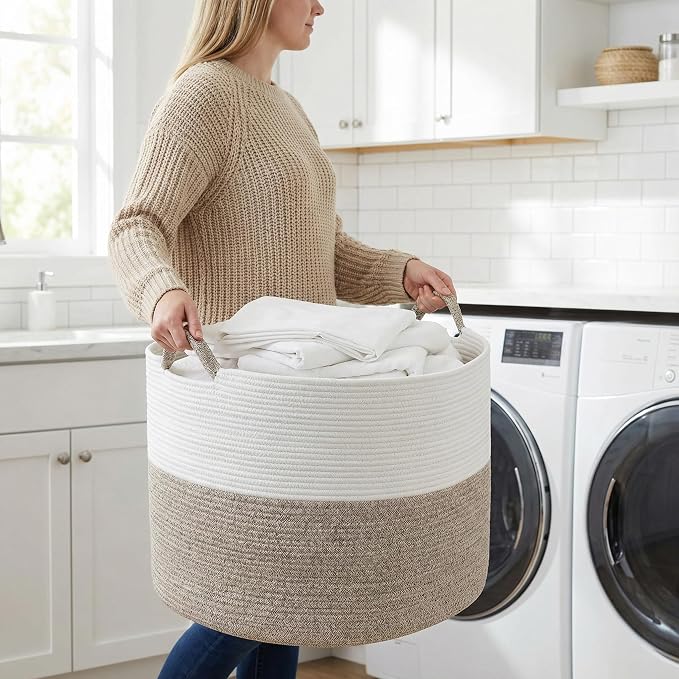 XXXL Large Blanket Basket for Living Room, 21.7" x 13.8" Woven Cotton Rope Laundry Hamper for Pillows, Towels & Toy Storage - Decorative Round Storage Basket with Handles for Nursery, Baby & Dog Toys - Image 7