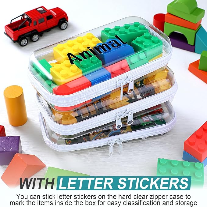 12 Pcs Clear Hard Zipper Case Back to School,7.48 x 3.94 x 2“ | Plastic Zipper Pouch with 5 Sheets Alphabet Stickers Toy Storage Organizer Makeup Case for Travel Building Blocks Puzzles - Image 5