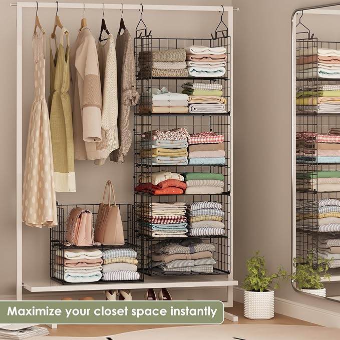 Hanging Closet Organizer and Storage - 8 Tier Closet Hanging Organizer Shelves, Metal & Foldable Hanging Storage Organizer Baskets with Adjustable Dividers for Clothing Sweaters Shoes Handbags - Image 6