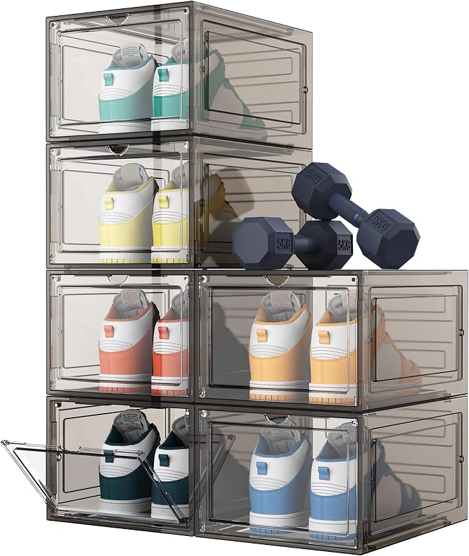 HOMIDEC Shoe Storage, 6 Pack Shoe Organizer Clear Hard Plastic Shoe Box | Shoe Boxes Clear Plastic Stackable, Shoe Storage Box with Lids for Size 13, Clear Smoke - Image 9