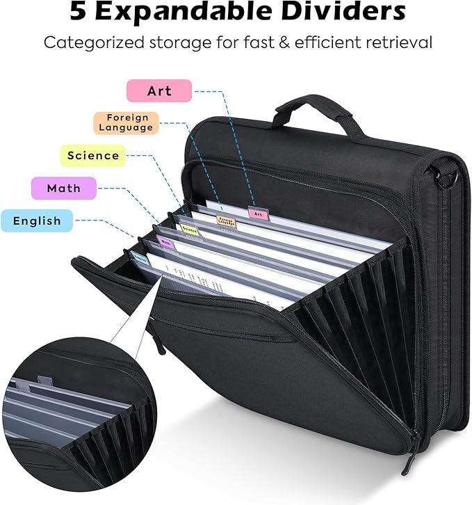 MoKo Zipper Binder, 2-Inch 3-Ring, 500 Sheets, 5-Tab File Folders, Black | 420D nylon with five dividers, multiple pockets, a padded handle and adjustable shoulder strap. - Image 2