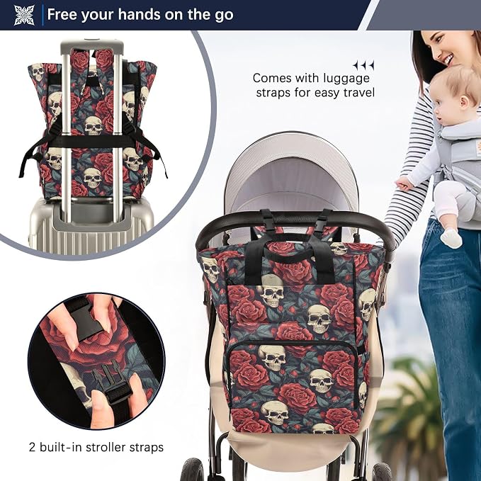 MNSRUU Diaper Bag Red Rose Skull Diaper Bag Backpack Multifunction Travel Diaper Bag Tote Large Capacity Diaper Changing Backpacks for Moms Dads - Image 4