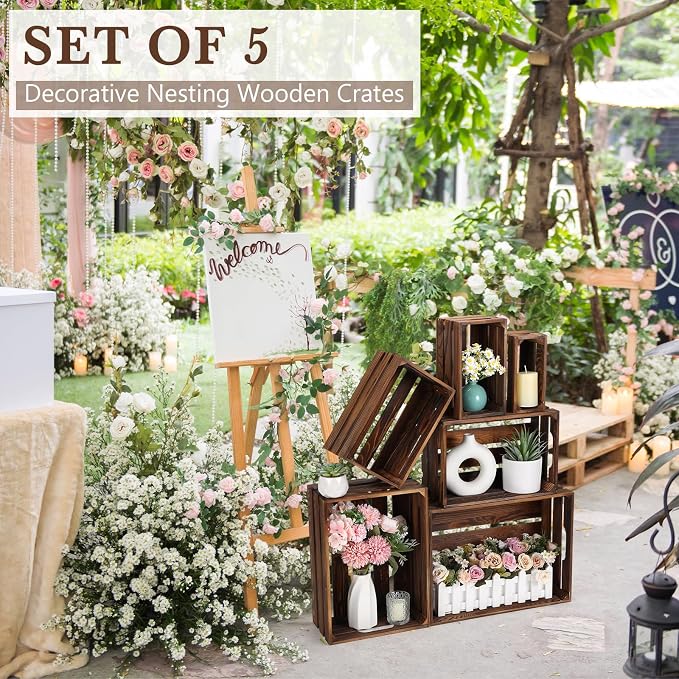 CroBlissful 6 Pcs Decorative Wood Crates for Storage Display Rustic Nesting Crates with Handle Farmhouse Wooden Storage Container Boxes for Wedding Baby Shower Birthday Party(Vintage Brown) - Image 4