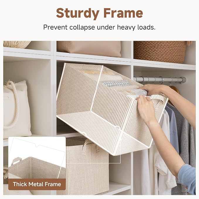 StorageWorks Storage Bins, Fabric Storage Bins for Shelves, Extra Large Storage Baskets with Metal Frame, Closet Baskets and Bins with Handles, Jumbo, Khaki and Beige Stripes, 2-Pack | Extra Large, With Reinforced Handles, Metal Frame, Collapsible, Bas... - Image 4