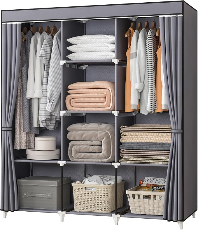 Portable Closet, Bedroom Wardrobe Closet for Hanging Clothes | 2 Hanging Rods, 8 Storage Organizer Shelves, Pipe Diameter 16mm, Durable and Easy to Assemble, Grey by PortableCloset