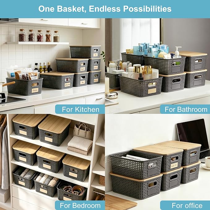 Small Plastic Storage Bins with Bamboo Lids 5.2qt Stackable Box Basket Pantry Decorative Containers Cute with Lable for Organizing Desktop Closet Office Gray of 6 packs 10 * 7.2 * 4.1" - Image 5