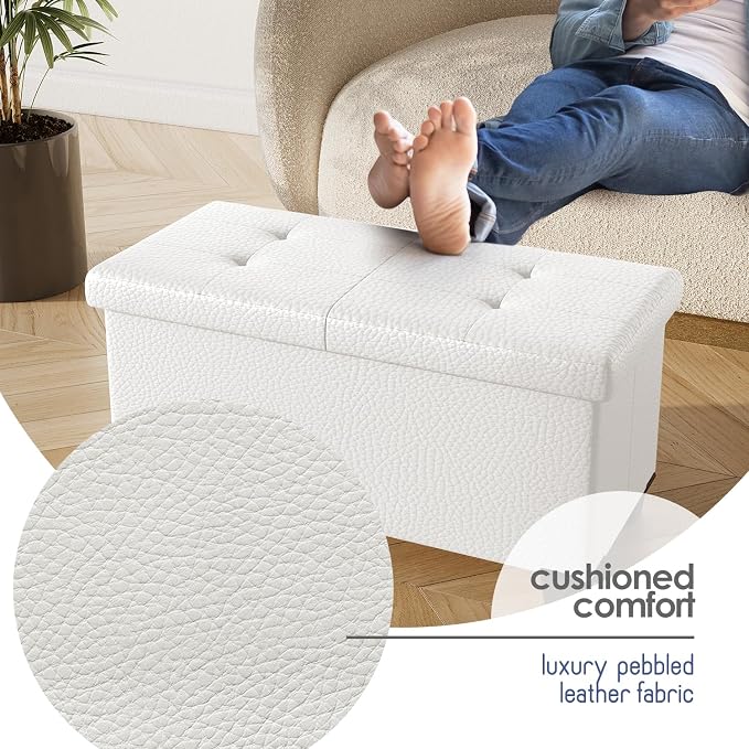 Storage Ottoman Bench with Bins, 30-in Storage Bench for Bedroom End of Bed, Folding Foot Rest Ottoman for Living Room Max 660lbs, Faux Leather Ottomans, Cream - Image 7