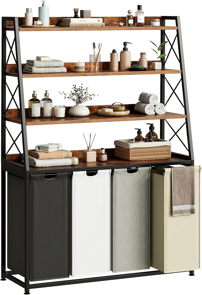 Herture Laundry Basket, 4 Section Laundry Hamper with 4 Tiers Shelf, Pull-Out and Removable Laundry Bags, Large 4 x 15.87 Gallons, for Laundry Room Bathroom Rustic Brown PF12XLN by Herture
