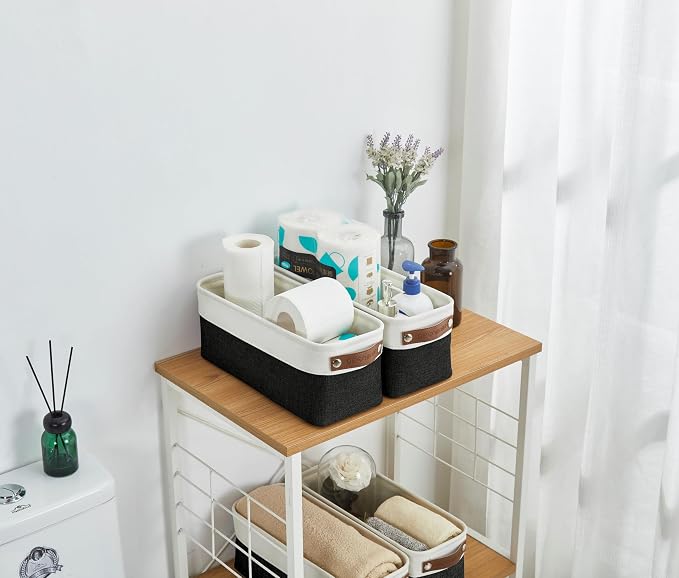 DECOMOMO Narrow Storage Bins, Small Storage Baskets for Shelves 4 Pack | Baskets for Organizing Bathroom, Toilet Tank, Gifts (Black and White) - Image 8