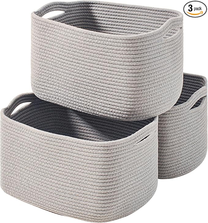 ICERZCZ Storage Baskets for Organizing Shelves, Woven Cotton Rope Bins for Baby Nursery Organization, Book Toy Towel Organizer, 15"x11"x9.5", 3 Packs, Grey by ICERZCZ