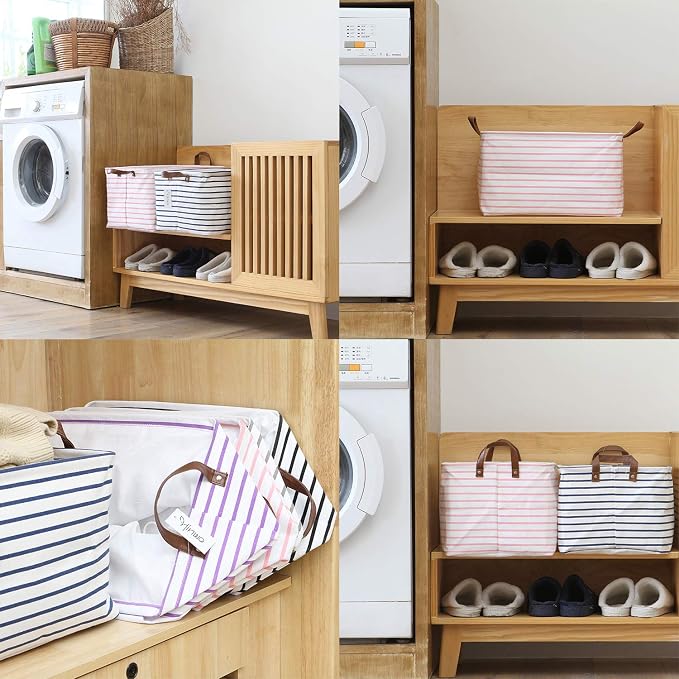 Hinwo 31L Large Canvas Storage Bin with Lid and Handles, 2-Pack | Collapsible Fabric Baskets, Closet Shelf Organizers, Containers for Clothing, Blankets, Toys, Bedding (Pink Stripe) - Image 3