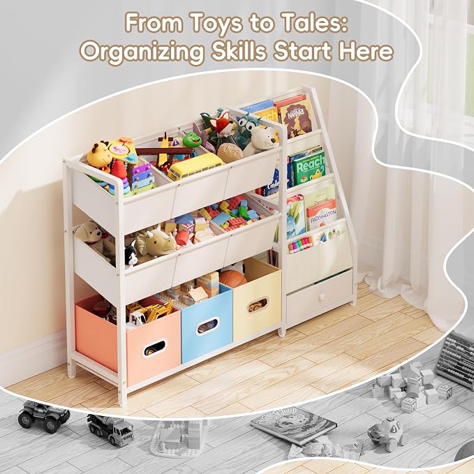 Toy Storage Organizer - Kids Bookshelf with 3 Shelf and 10 Storage Bins | Montessori Playroom Storage for Toddler, Baby, book shelf for kids rooms - Image 6