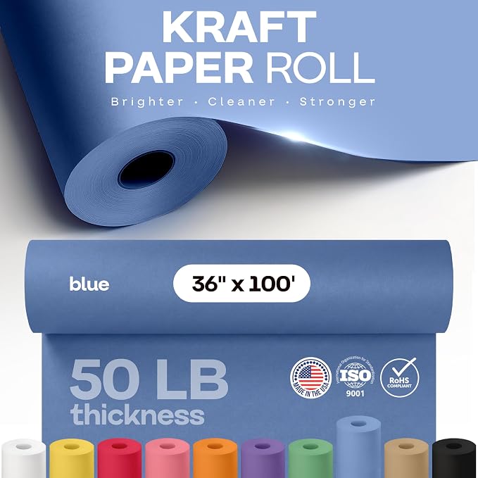 IDL Packaging 36" x 1200" (100 feet) Blue Kraft Paper Roll - USA-Made Quality Craft Paper for Gift Wrapping, Kids' Arts & Crafts, School Projects - 100% Recycled Natural Material 50lb Thickness - Image 4
