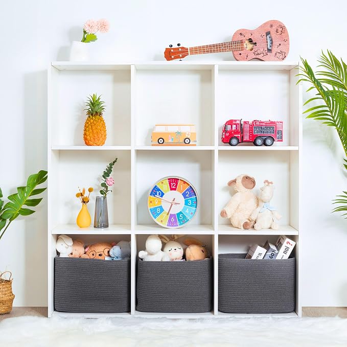 3-Pack Decorative Woven Storage Baskets for Shelves, Cube Bin Box for Organizing Books, Shoes, Dog Toys, Pantry Closet and Living Room Organizer, Charcoal Gray - Image 4